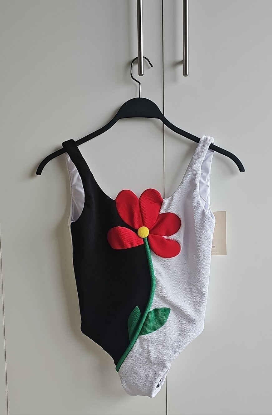 New-with-Tag Black & White One-Piece Swimsuit with Flower Accent
